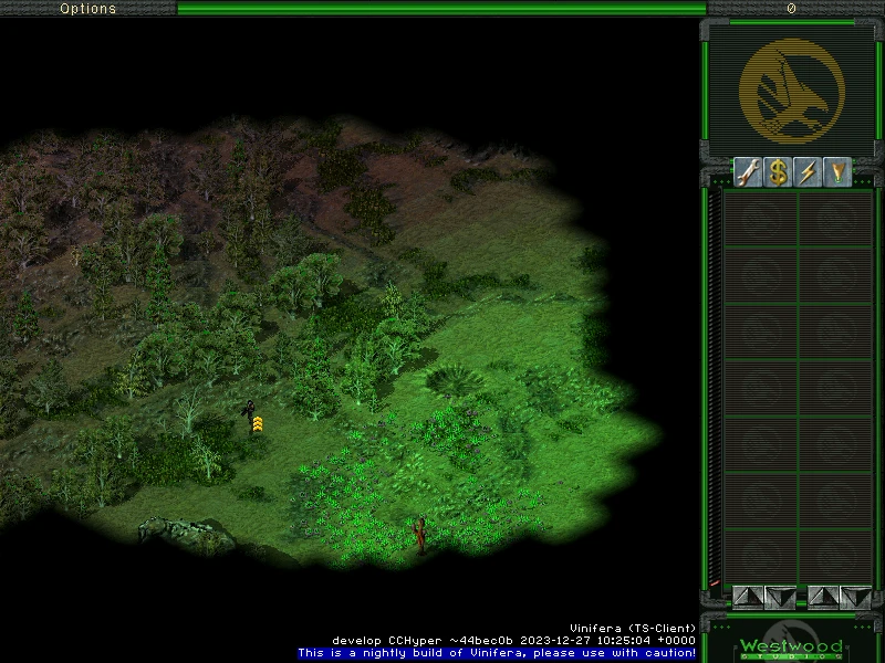 Zrzut ekranu z moda Tiberian Sun Aftermath do Command & Conquer pokazujący częściowo zbadany teren z mgłą wojny