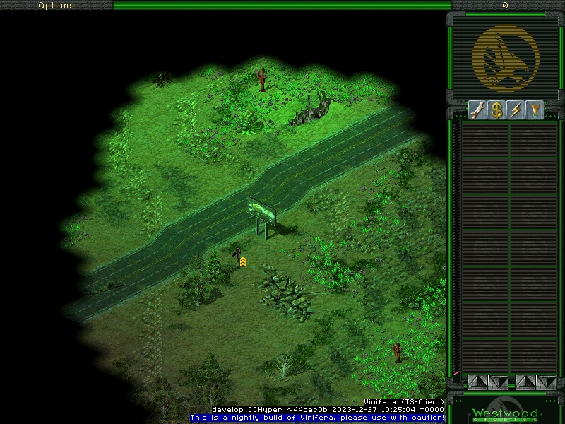 Zrzut ekranu z gry moda Command & Conquer Tiberian Sun Aftermath przedstawiający drogę, zieleń i panel interfejsu