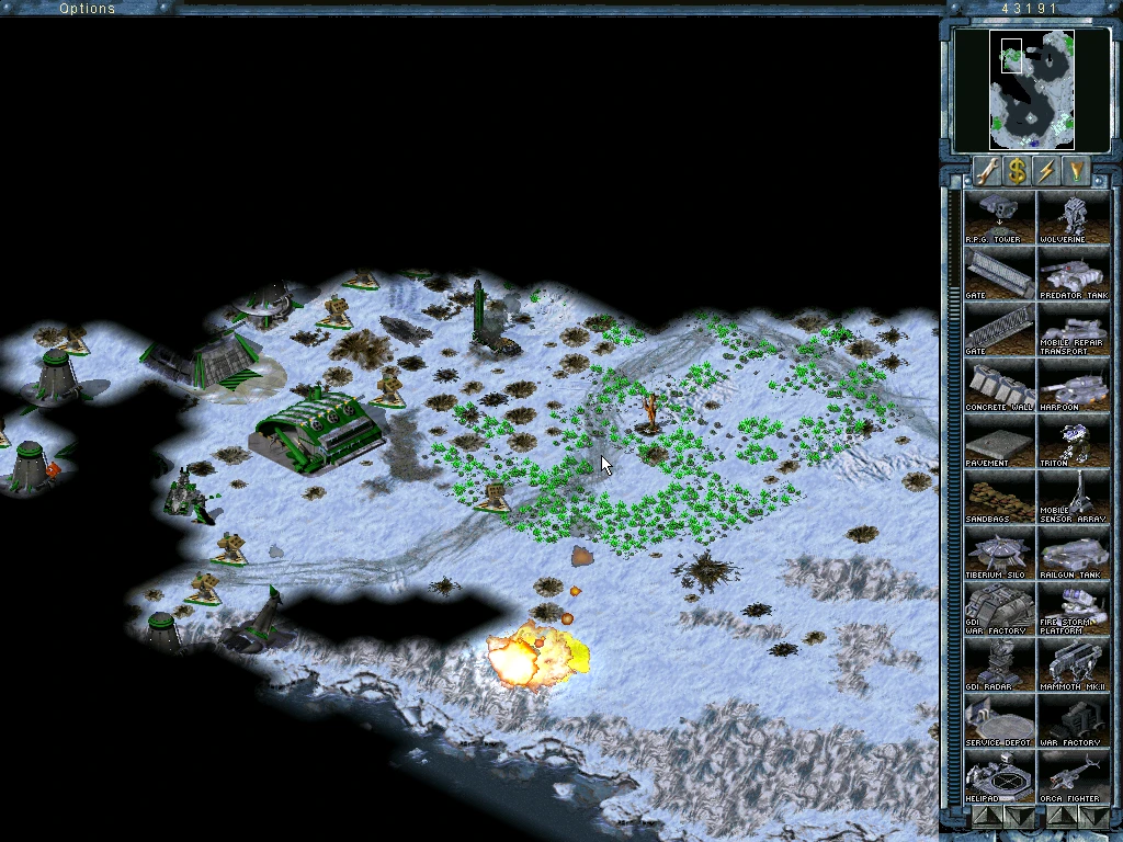 Screenshot aus Command & Conquer Tiberian Sun Mod mit verschneitem Gelände, GDI-Gebäuden und Explosion