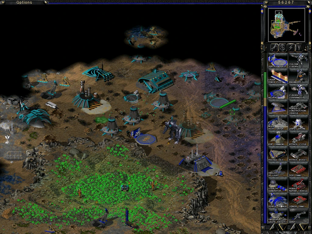 Screenshot von Tiberian Sun mit einer Nod-Fraktionsbasis, Gebäuden, grünem Tiberiumfeld und Seitenleiste mit Nod-Einheiten und Fahrzeugen