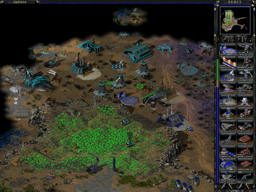 Ingame-Ansicht der Nod-Basis mit Gebäuden und Tiberiumfeldern in einem Command & Conquer Tiberian Sun Mod