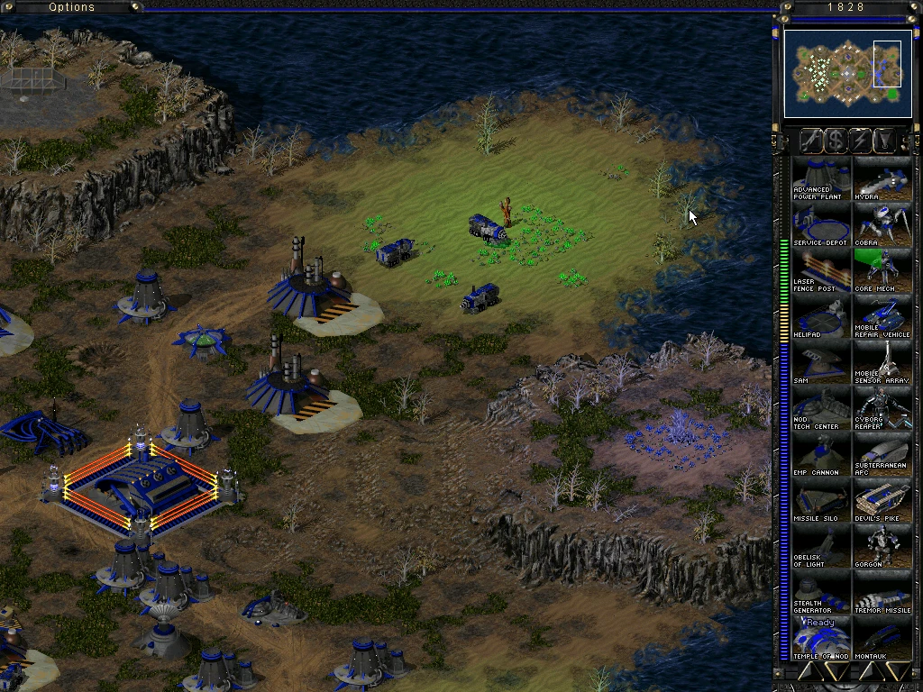 Screenshot im Spiel zeigt Nod-Fraktionsbasis mit Gebäuden, Fahrzeugen und Menüoptionen im Tiberian Sun-Mod