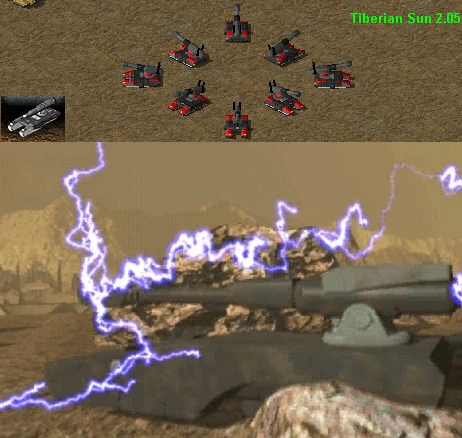 Captura de pantalla de unidades actualizadas y efectos eléctricos en el mod Tiberian Sun Remastered con armamento y rayos