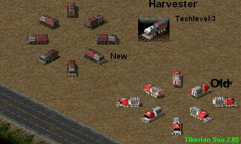 Captura de pantalla que muestra vehículos Harvester rojos mejorados con nivel tecnológico 3 en Command & Conquer Tiberian Sun Remastered