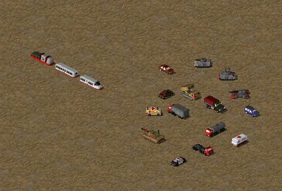 Unidades militares y civiles remasterizadas variadas mostradas en terreno de tierra en mod de Tiberian Sun