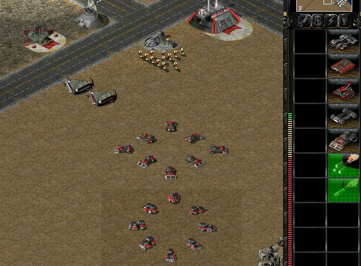 Vista superior de base Nod con infantería, vehículos y estructuras en mod Tiberian Sun Remastered