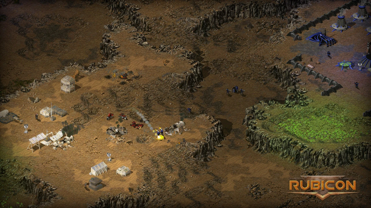 Captura del mod Command & Conquer Tiberian Sun Rubicon con unidades de combate cerca del acantilado y estructuras base