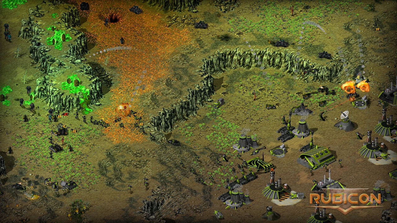 Vista aérea de una escena de batalla con unidades y estructuras en terreno verde y naranja en el mod Rubicon de Tiberian Sun
