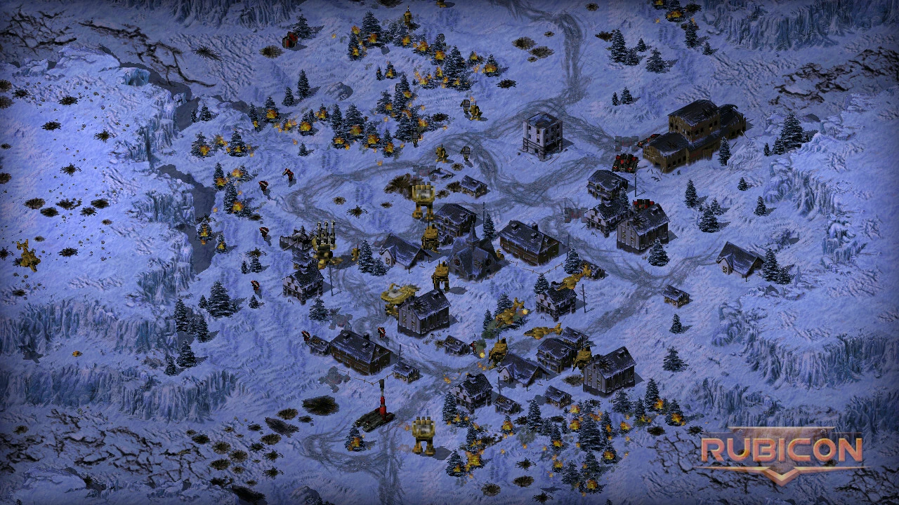 Terreno cubierto de nieve con múltiples edificios y unidades en batalla en el mod Tiberian Sun Rubicon
