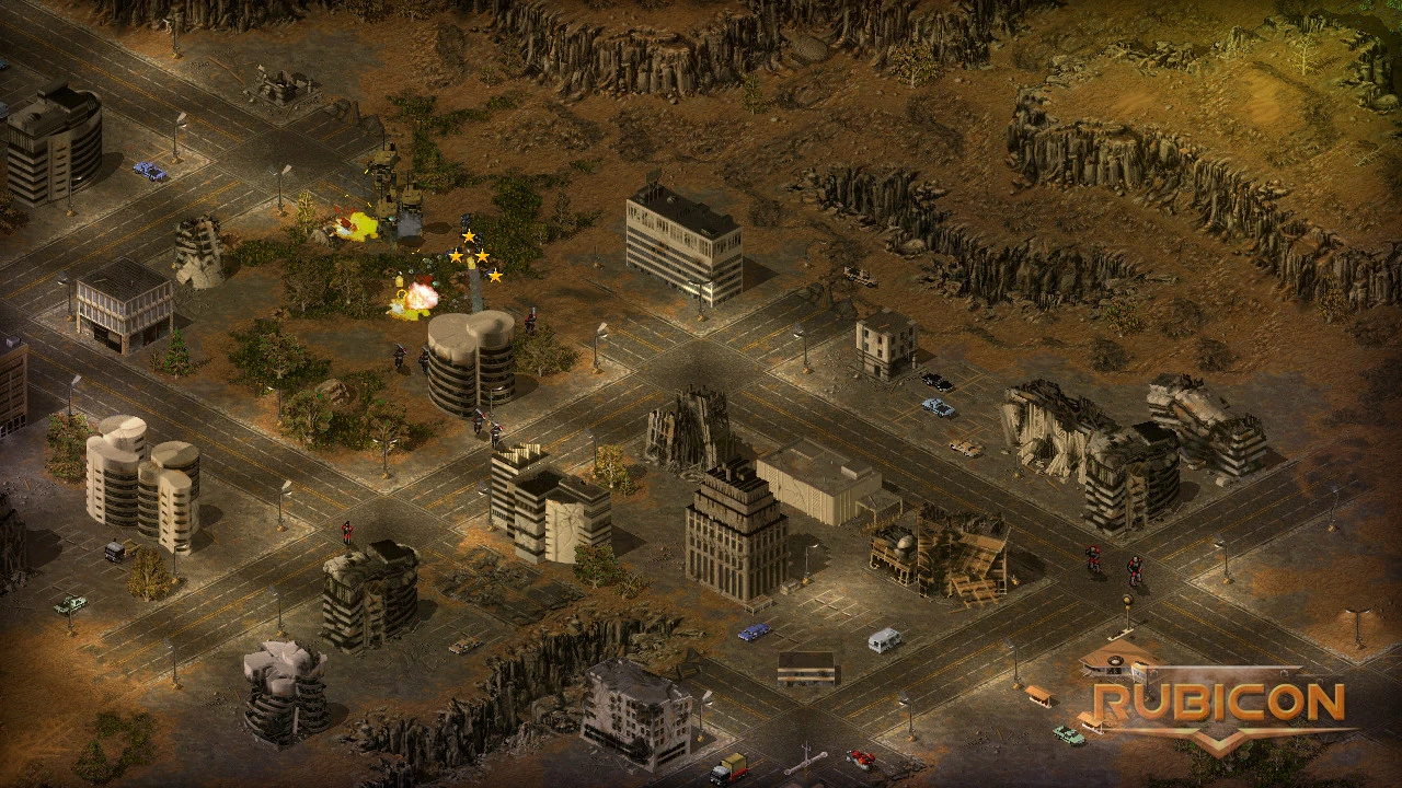 Captura de pantalla de una batalla en un entorno urbano con infantería y explosiones en el mod Rubicon de Command & Conquer Tiberian Sun