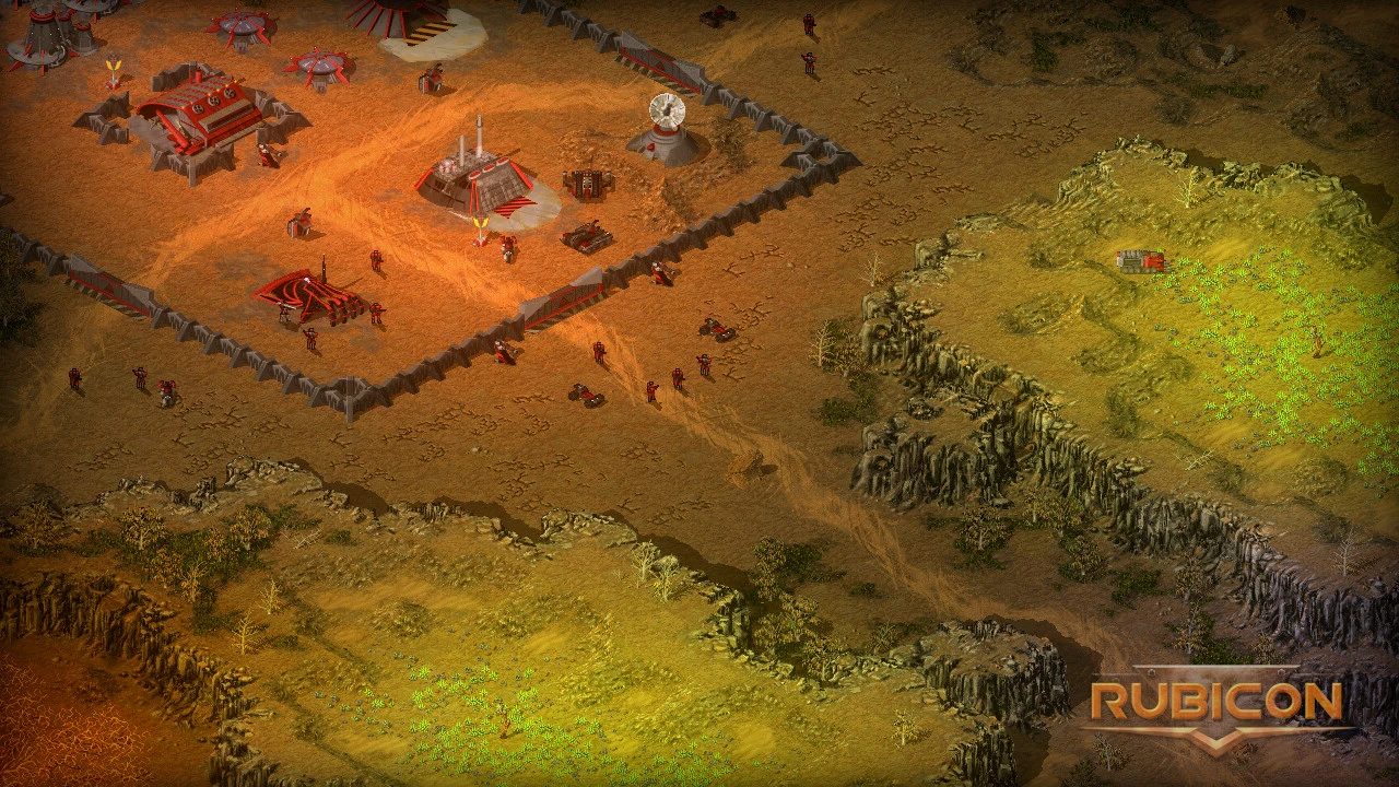 Vista superior de una base fortificada con estructuras rojas, soldados y terreno tóxico verde en Tiberian Sun: Rubicon