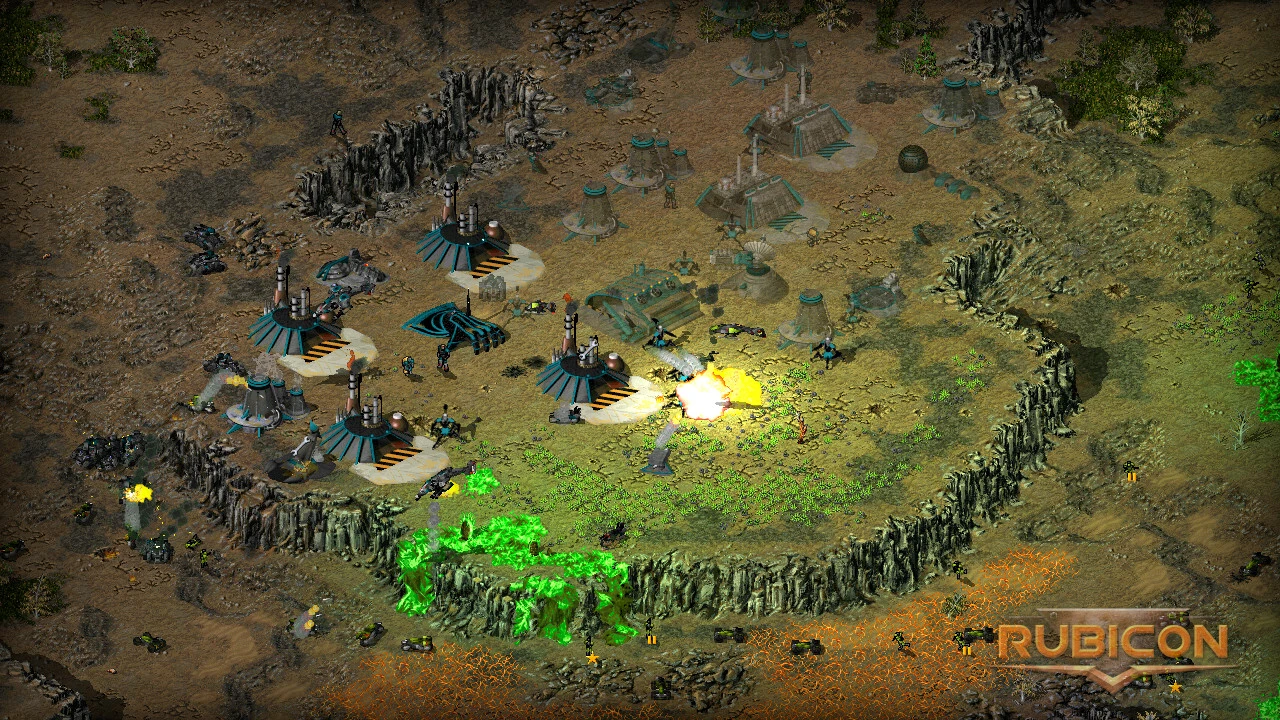 Jugabilidad del mod Tiberian Sun Rubicon con estructuras base, unidades y efectos verdes de Tiberium