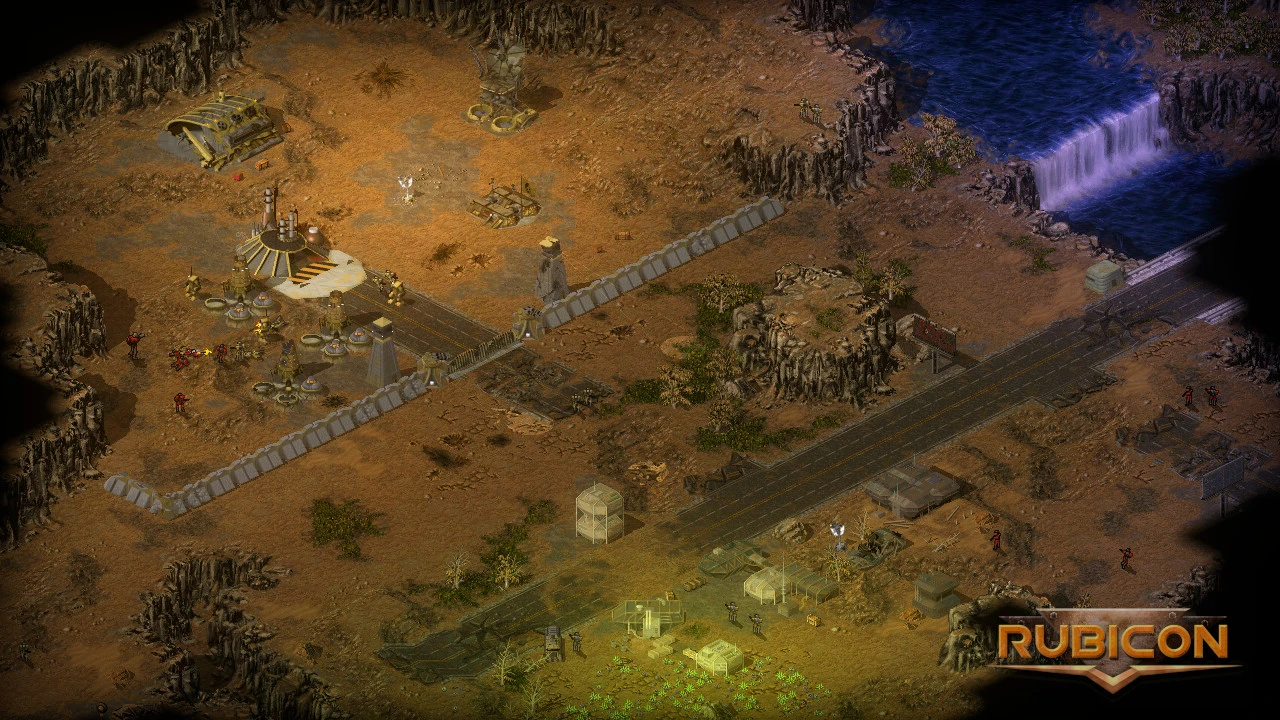 Captura de pantalla del mod Rubicon de Command & Conquer Tiberian Sun con base, muros, soldados y terreno con cascada y río