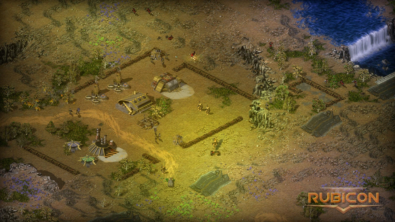 Captura de pantalla de una base del mod Tiberian Sun Rubicon con unidades, defensas y una cascada en el terreno