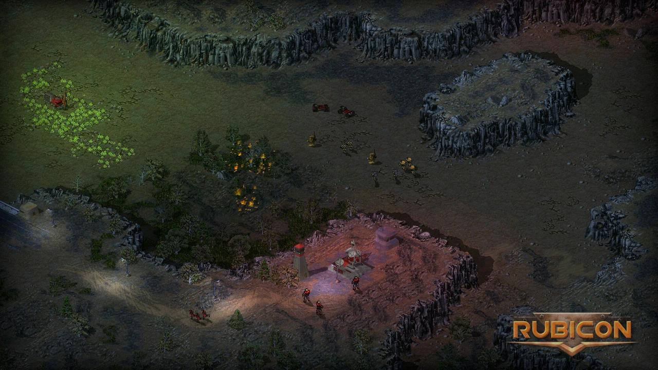 Vista superior de terreno rocoso con unidades militares que custodian una base con radar en el mod Tiberian Sun Rubicon