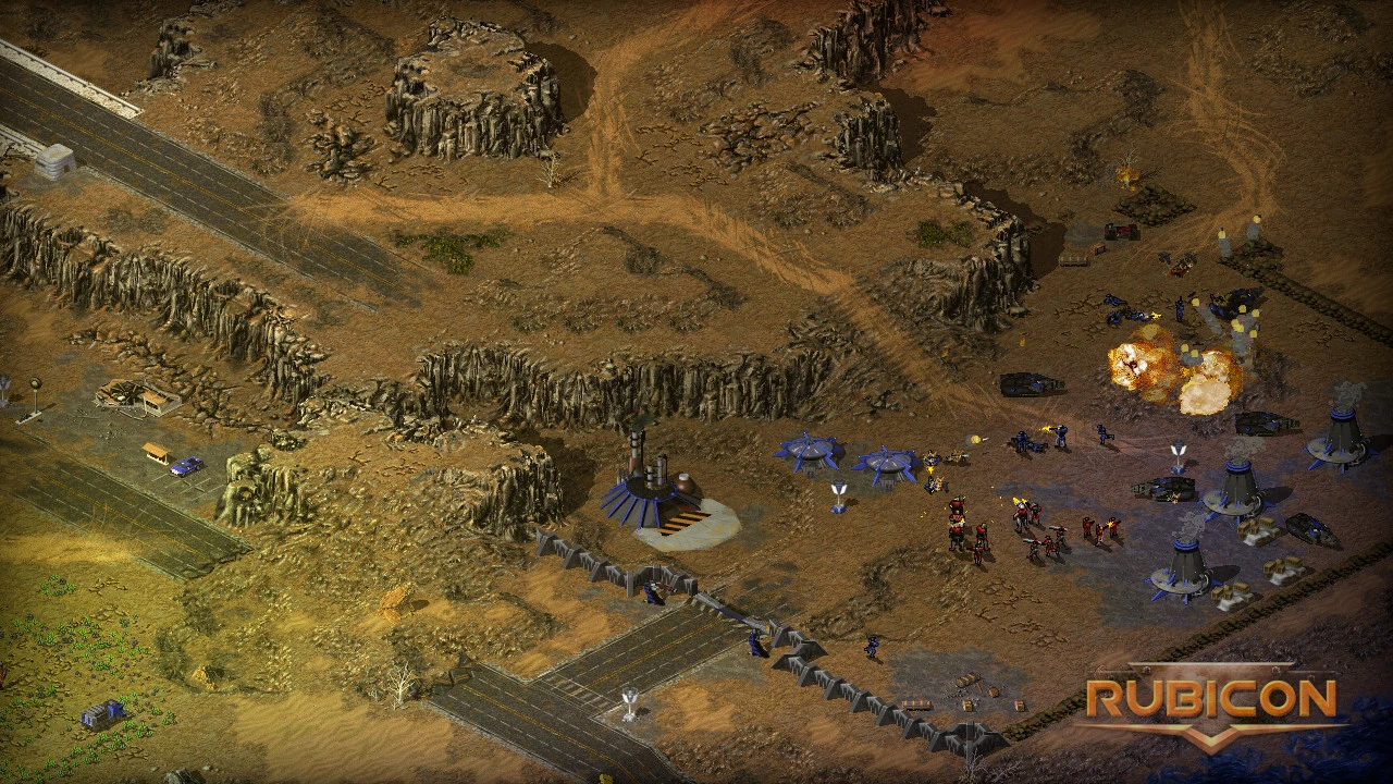 Escena de batalla estratégica de Command & Conquer Tiberian Sun con defensas de base y explosiones en el mod Rubicon