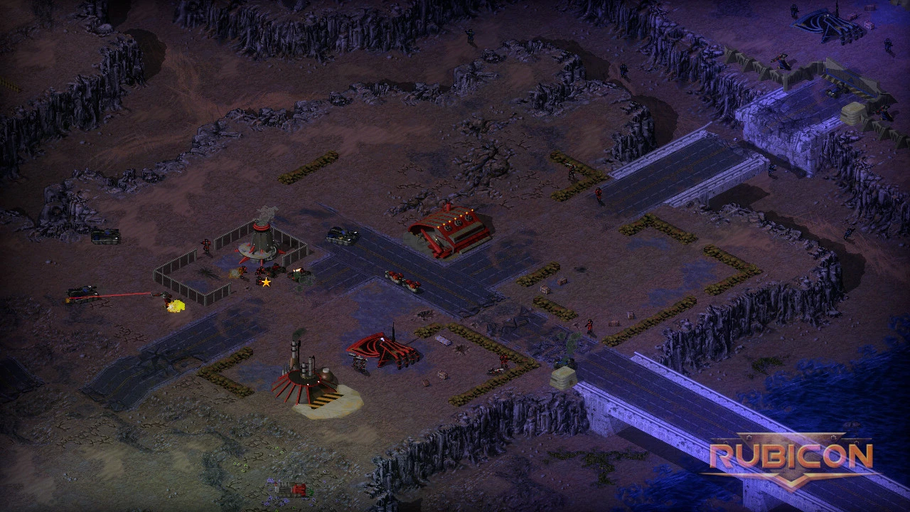 Captura del mod Rubicon de Command & Conquer Tiberian Sun mostrando campo de batalla nocturno con base y unidades rojas