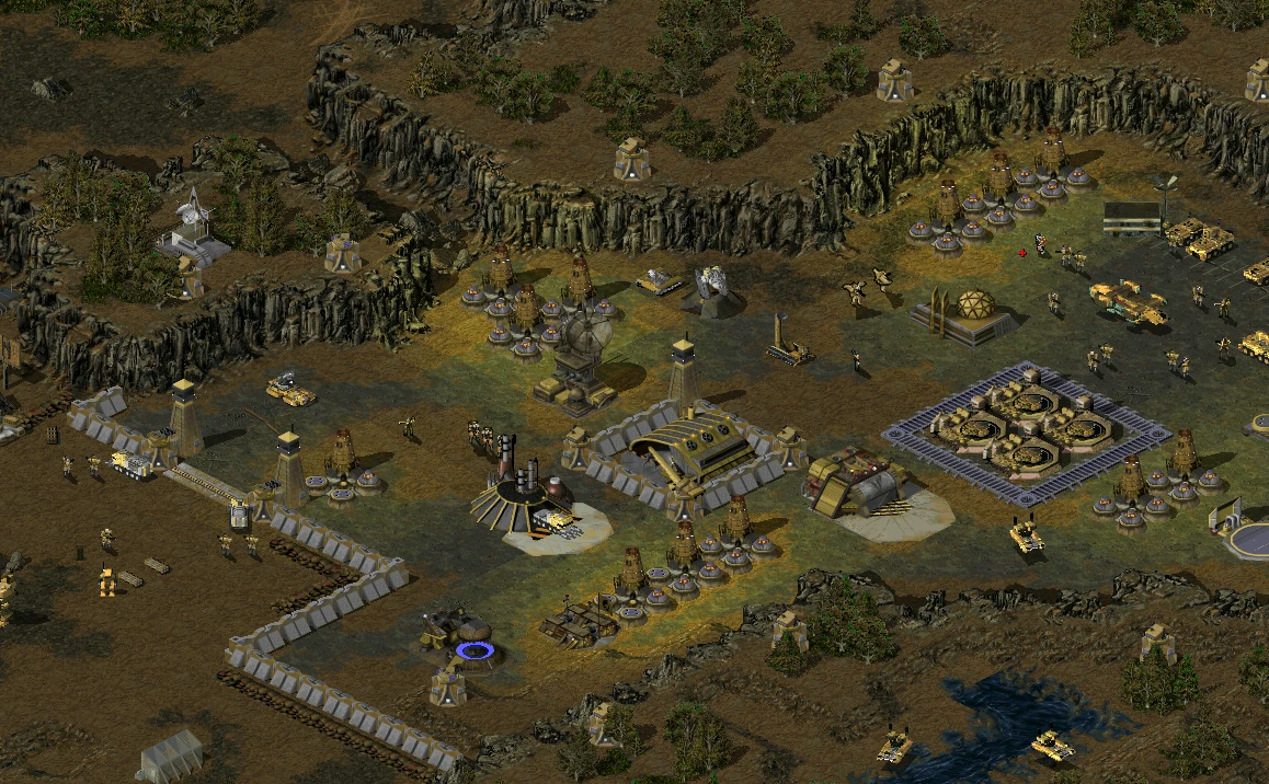 Distribución de la base con estructuras defensivas y unidades en el mod Tiberian War WarZone para Command & Conquer Tiberian Sun