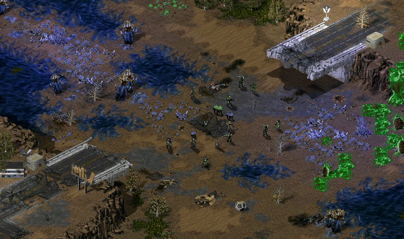 Vista aérea de unidades de soldados y terreno con flora alienígena en Command & Conquer Tiberian Sun mod Tiberian War WarZone
