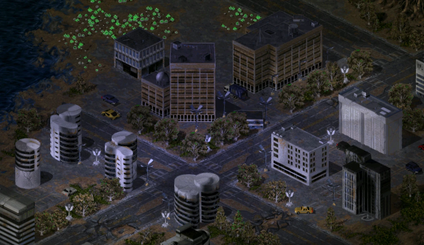 Vista isométrica de una intersección urbana futurista con edificios y vehículos en el mod Tiberian War