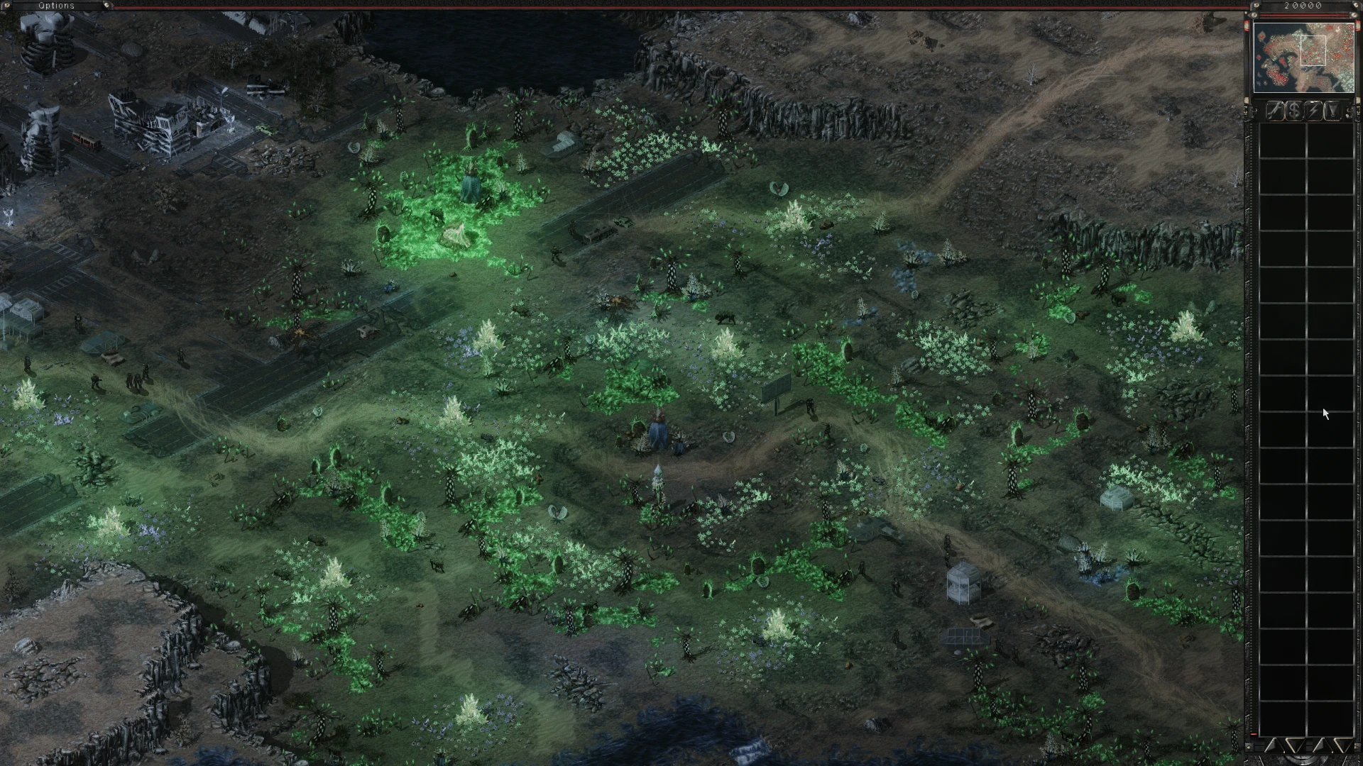 Vista aérea de un campo de batalla con soldados y cristales de Tiberium en el mod Tiberian War WarZone