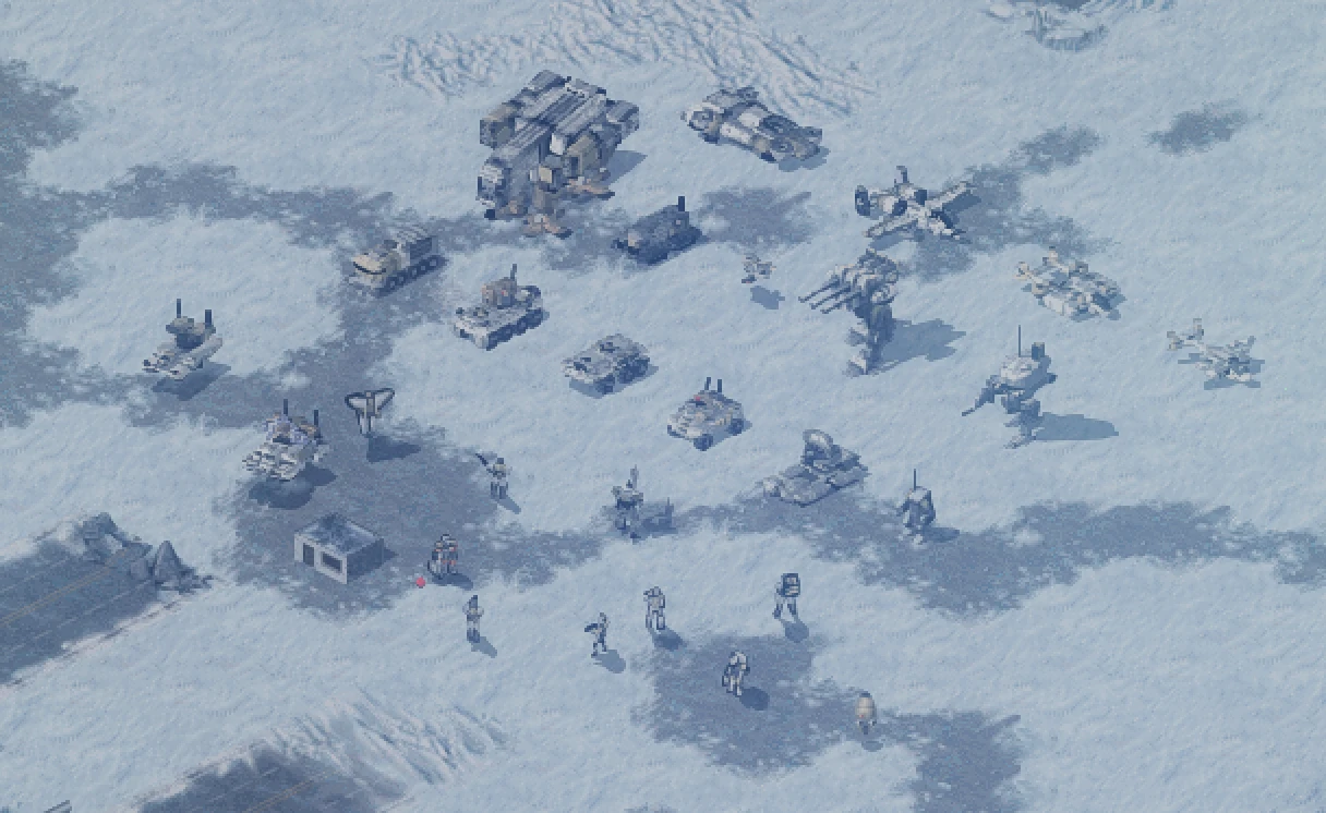 Vista superior de varias unidades militares y vehículos en un campo de batalla nevado en el mod Tiberian Sun
