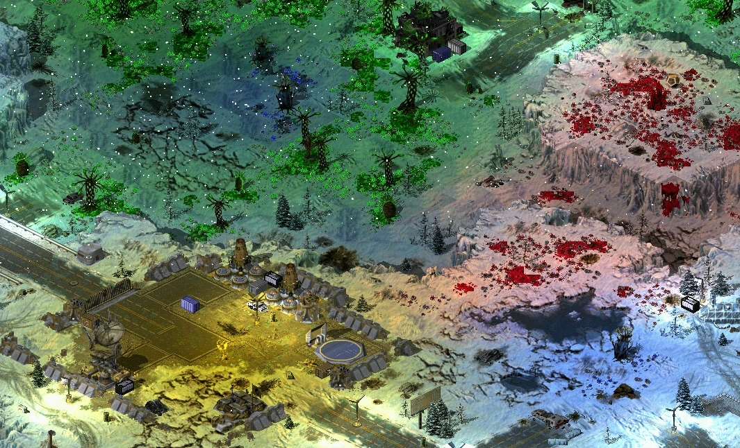 Скриншот из Command & Conquer Tiberian Sun с красочным снежным ландшафтом, базой и пятнами крови