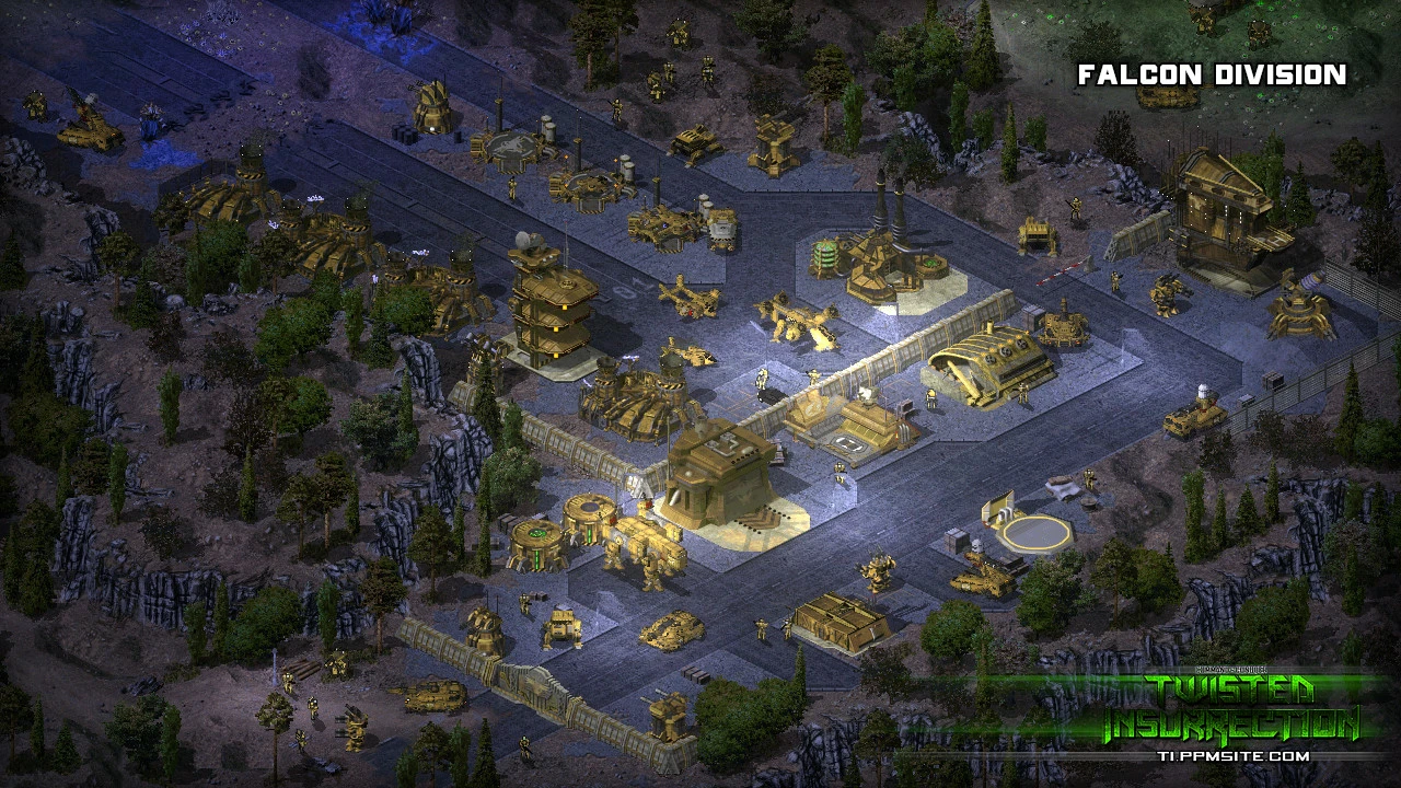 Вид сверху на базу Falcon Division с постройками и юнитами в моде Twisted Insurrection для Command & Conquer Tiberian Sun