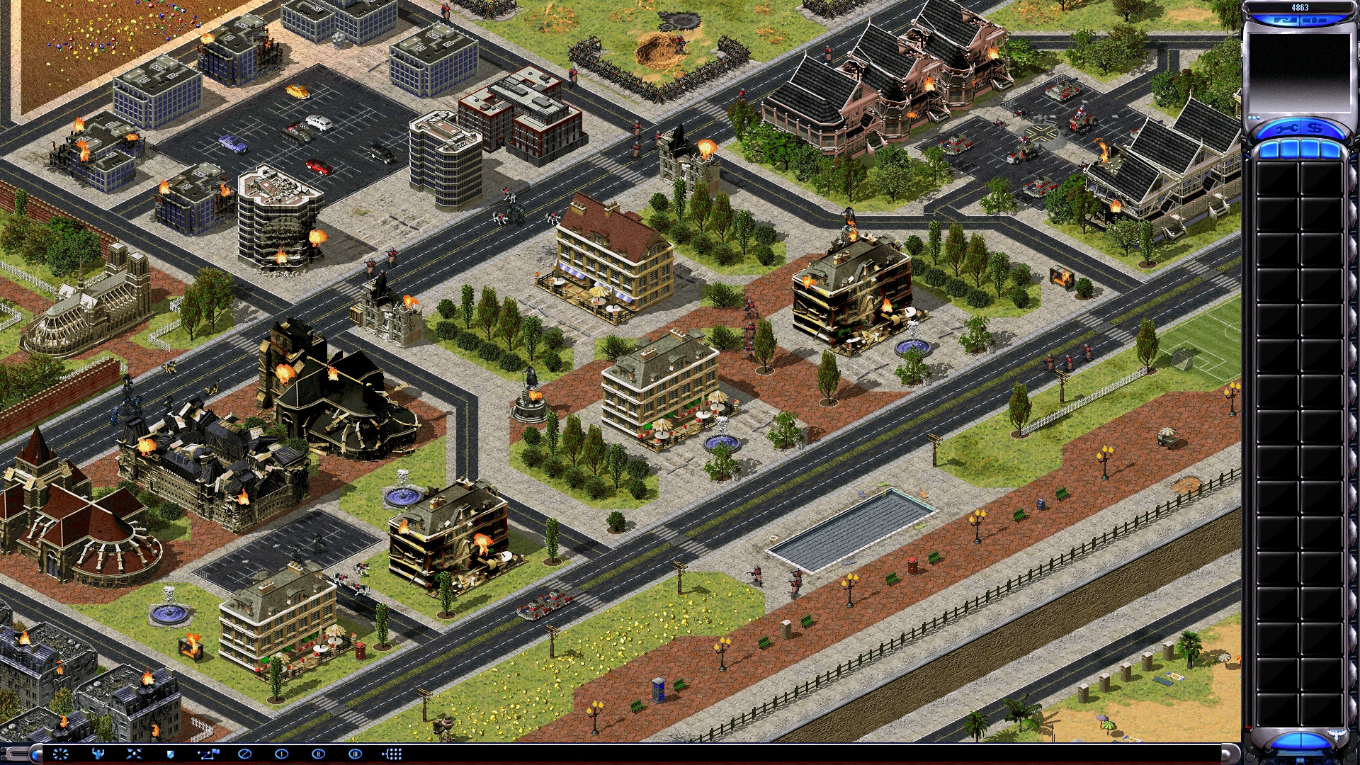 Screenshot zeigt zerstörtes Stadtgebiet mit brennenden Gebäuden und Soldaten auf den Straßen im Alliance Reforged Mod für Command & Conquer Yuri's Revenge