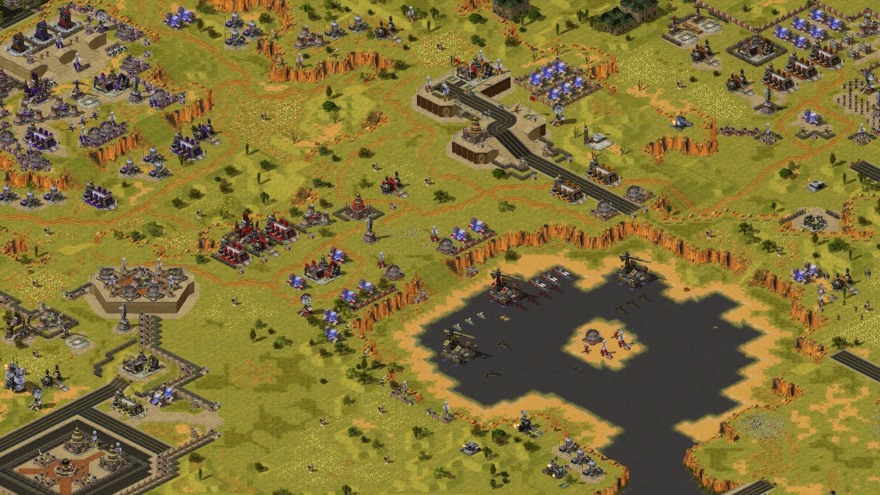 Draufsicht auf Basen, Truppen, Straßen und Schiffe im Alliance Reforged Mod von Command & Conquer Yuri's Revenge