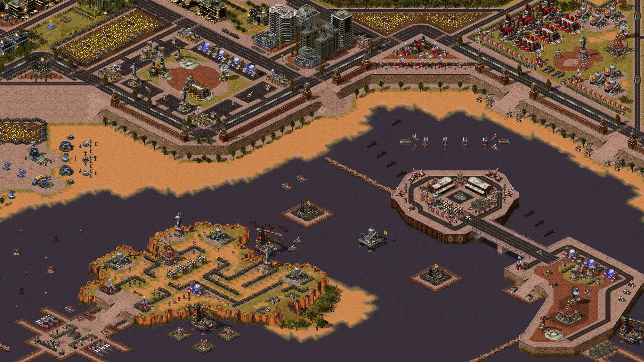 Eine detaillierte Command & Conquer Yuri's Revenge Karte mit befestigten Basen, Marineeinheiten und Verteidigungsanlagen im Alliance Reforged Mod