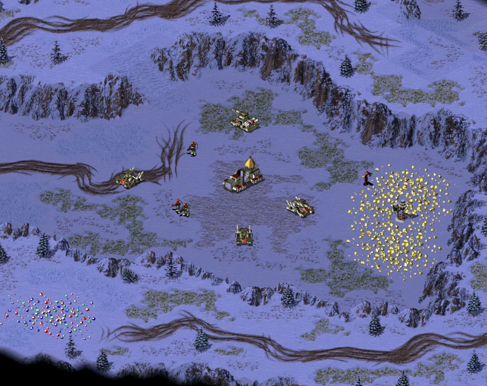 Widok z góry na ośnieżony teren z żołnierzami, czołgami, budynkami i zasobami w modzie Armistice 2077 do Command & Conquer Yuri's Revenge
