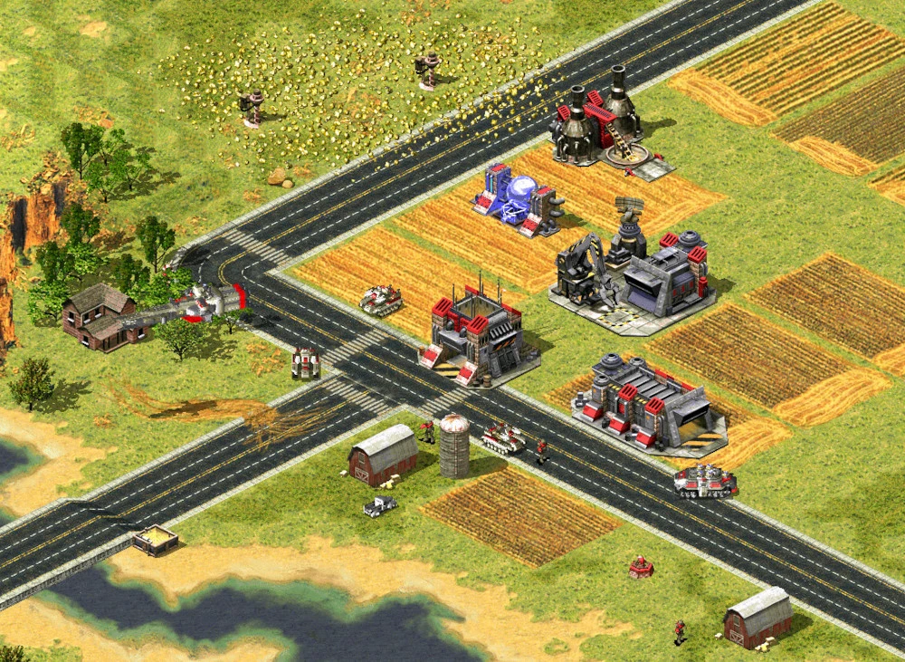 Widok z góry na mod Armistice 2077 do Command & Conquer Yuri's Revenge z bazą, budynkami, pojazdami i drogami