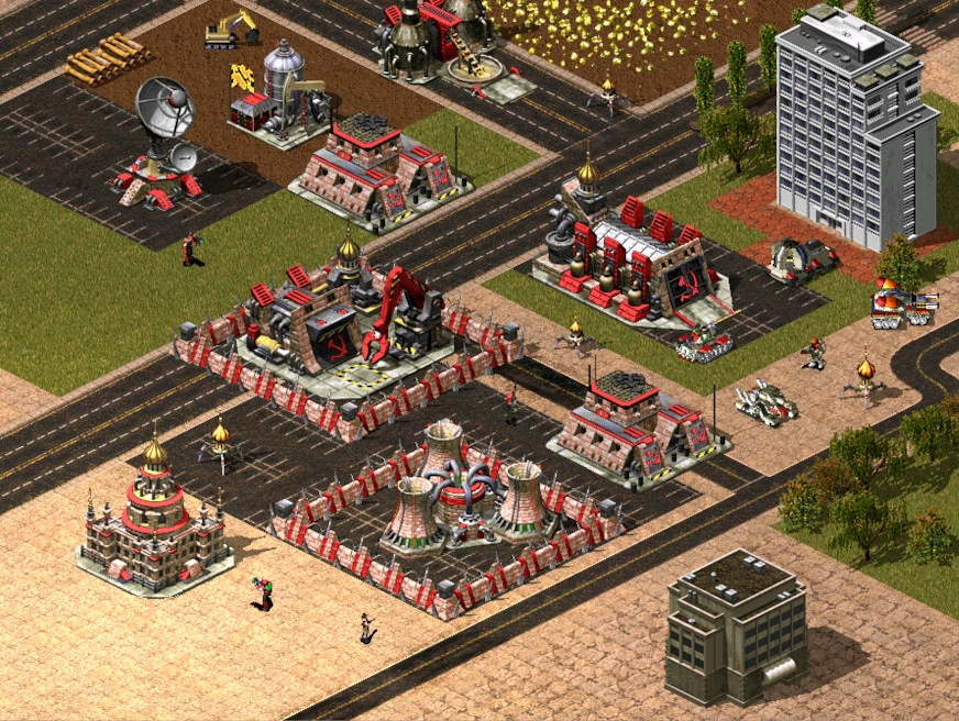 Szczegółowy izometryczny widok radzieckiej bazy w czerwonym motywie z budynkami, jednostkami i drogami z moda Armistice 2077 w Command & Conquer Yuri's Revenge