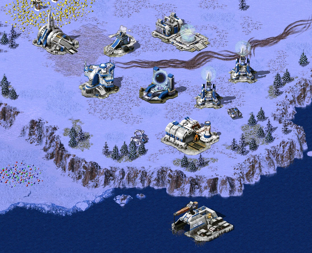 Zaśnieżone futurystyczne budynki bazy nad wodą w modzie Armistice 2077 do Command & Conquer Yuri's Revenge