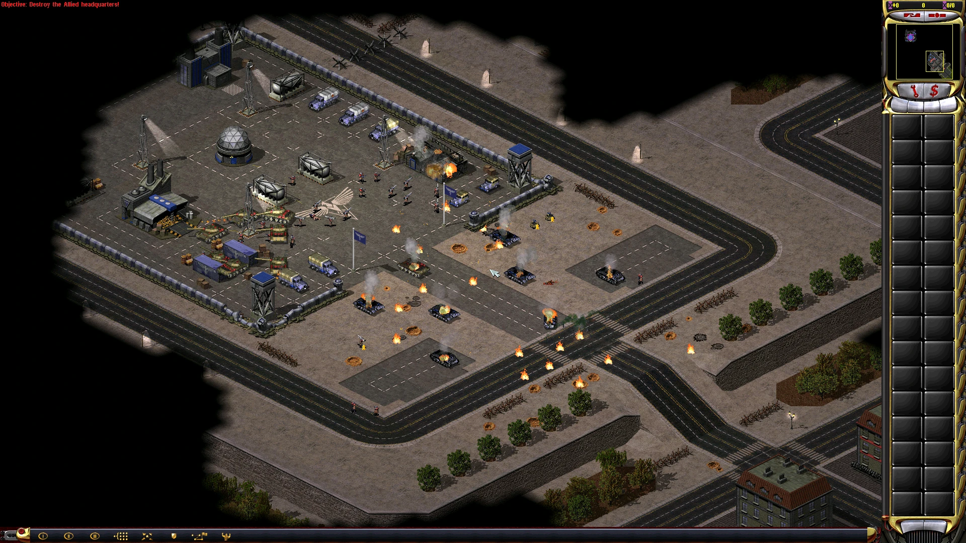Вигляд зверху на палаючу базу Союзників, яка зазнає атаки танків і піхоти в моді Bellum Æternum для Command & Conquer Yuri's Revenge