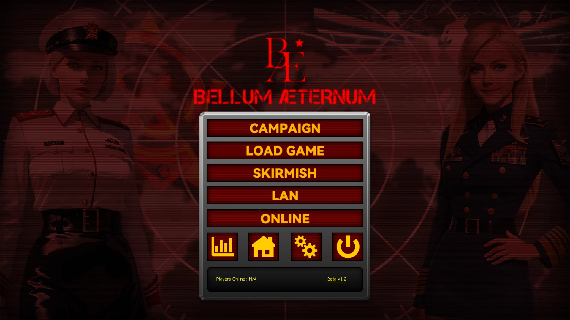 Екран головного меню моду Bellum Æternum до Command & Conquer Yuri's Revenge з двома офіцерками та пунктами меню