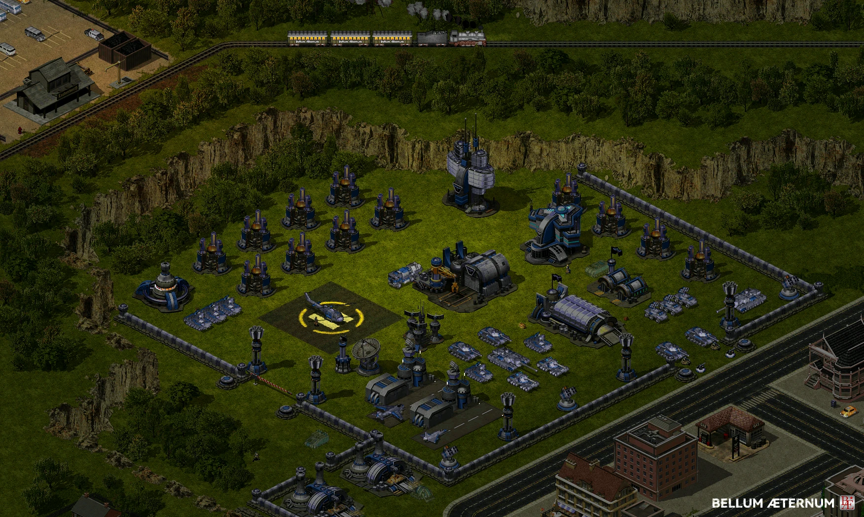 Вид зверху на базу моду Bellum Æternum з оборонними спорудами, танками, гелікоптером і потягом