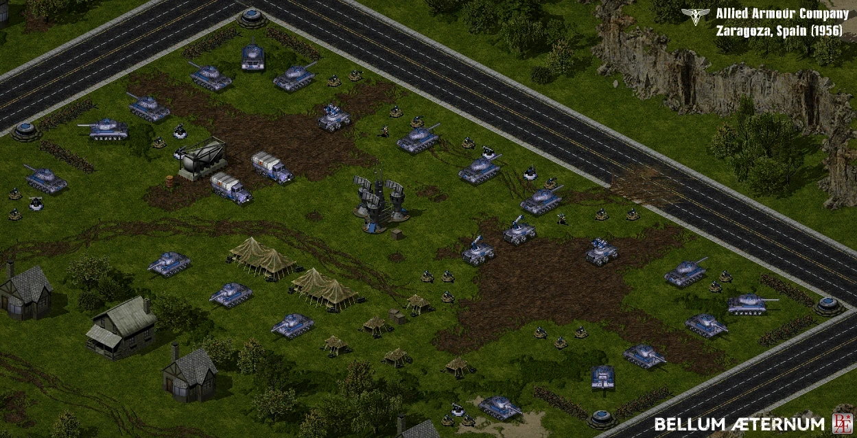 Скріншот моду Bellum Æternum із союзними танками, солдатами та артилерією на базі 1956 року в Сарагосі