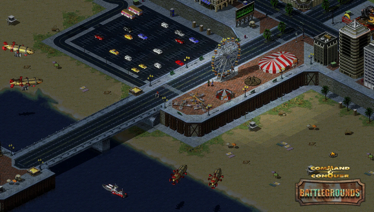 Zrzut ekranu moda C&C Battlegrounds do Command & Conquer Yuri's Revenge pokazujący miejski plażę, diabelski młyn, parking, sterowce i łodzie przy wodzie