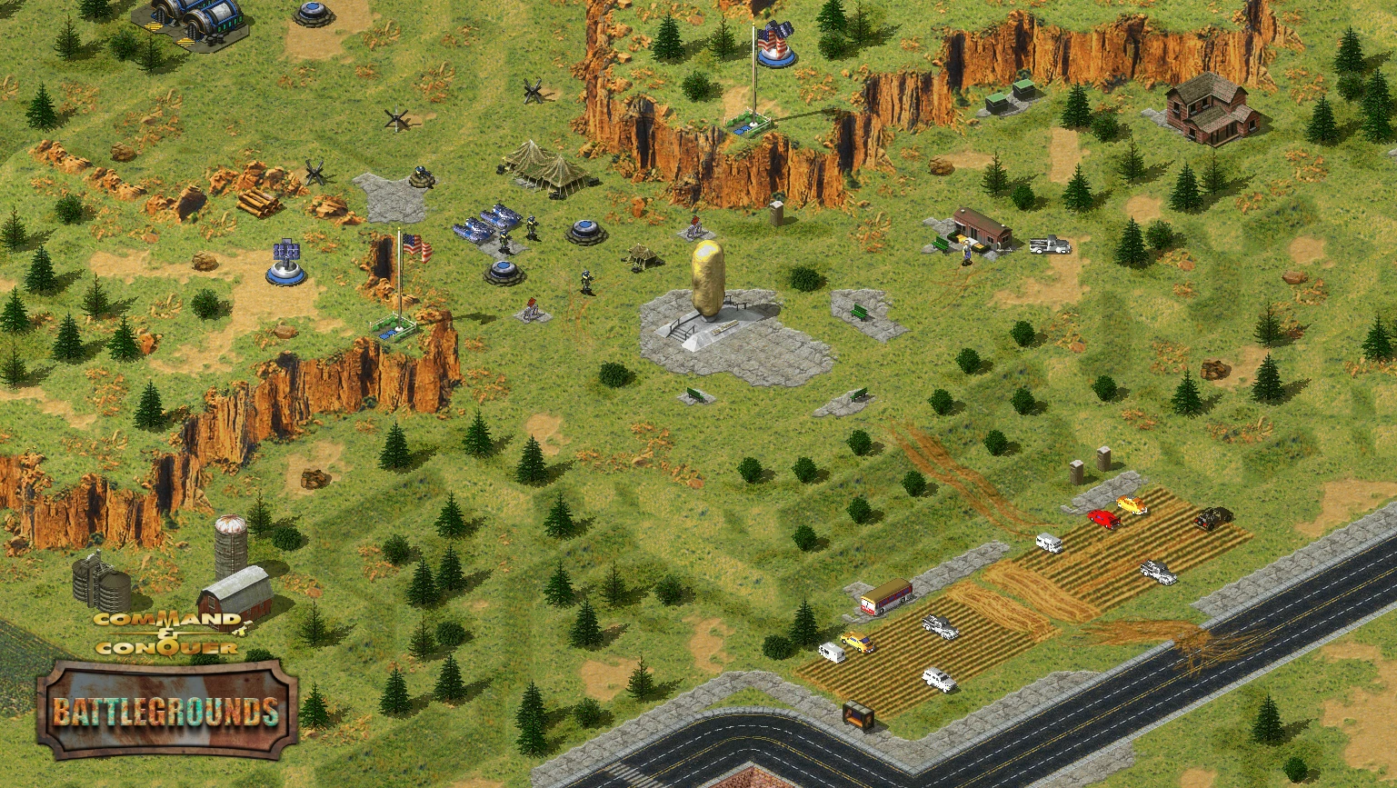 Widok z góry na wiejskie pole bitwy z jednostkami, budynkami i terenem w modzie C&C: Battlegrounds