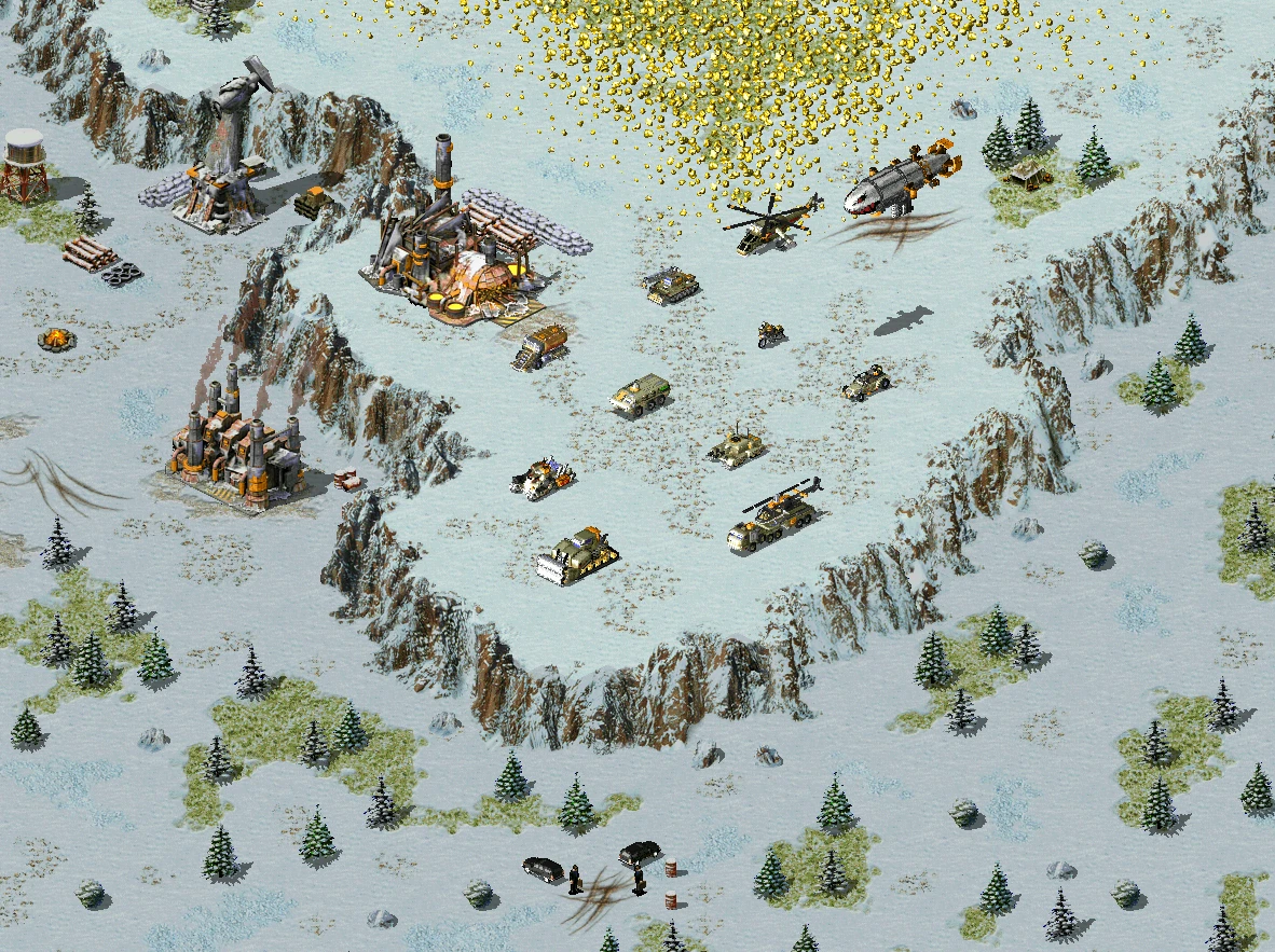 Widok z góry na zaśnieżony teren z różnorodnymi pojazdami wojskowymi, rakietą i budynkami w modzie Command & Conquer
