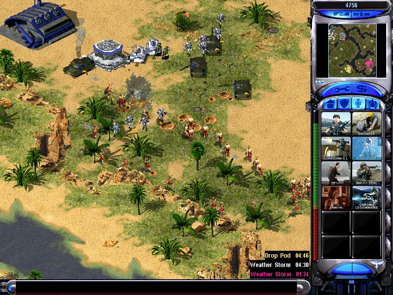 Знімок екрана Command & Conquer Yuri's Revenge із солдатами та мехами, що борються біля узбережжя, видно інтерфейс мода