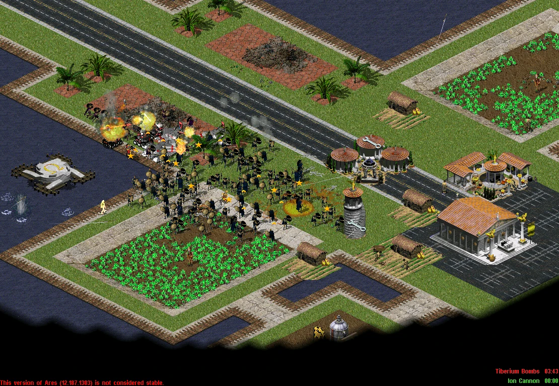 Мод C&C Coalition War для Command & Conquer Yuri's Revenge показує бій солдатів біля полів і води з вибухами