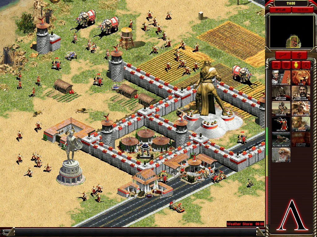Скріншот з Command & Conquer Yuri's Revenge з грецькою фортецею, солдатами, слонами та панеллю вибору юнітів