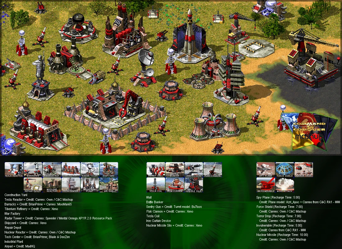 Captura de pantalla del mod C&C Mashup de Command & Conquer Yuri's Revenge con base soviética detallada, edificios y unidades defensivas