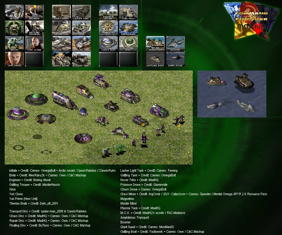 Captura de pantalla que muestra diversas unidades de infantería, vehículos y aeronaves del mod C&C Mashup para Command & Conquer Yuri's Revenge