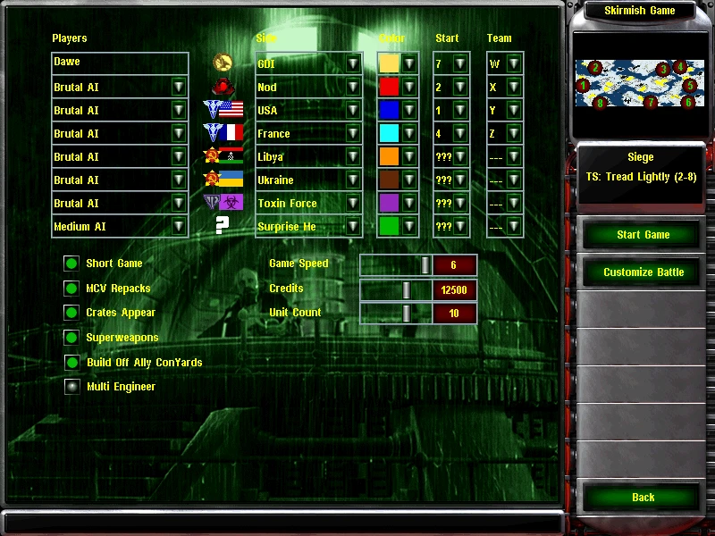 Interfaz de configuración de escaramuza con jugadores, facciones, colores, equipos y opciones de juego en el mod C&C Mashup de Command & Conquer Yuri's Revenge