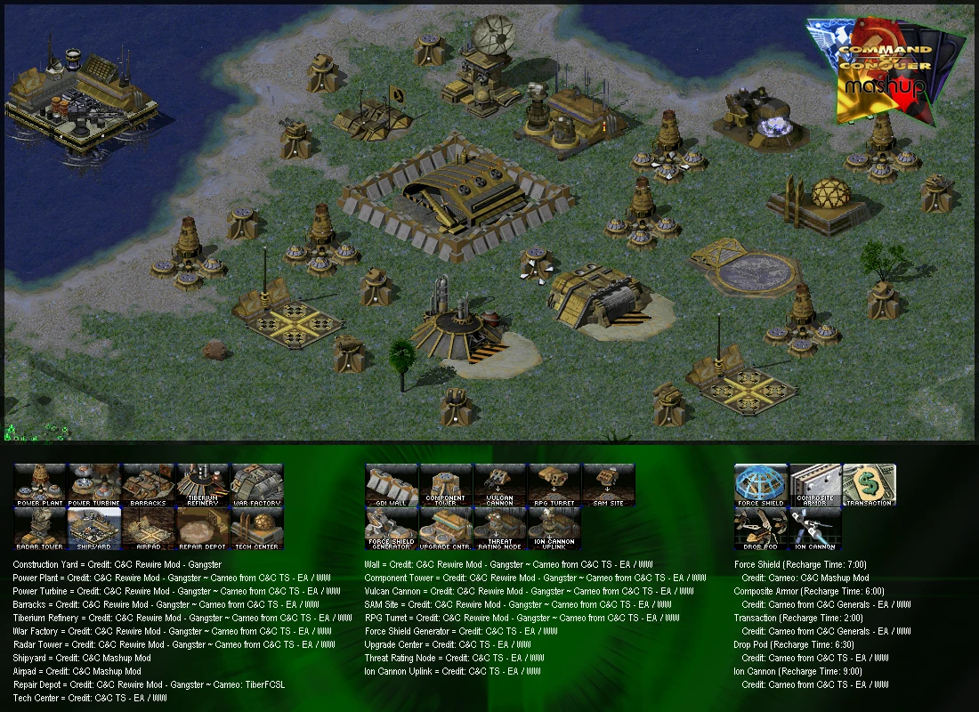 Captura de pantalla de la interfaz del mod C&C Mashup mostrando varias estructuras de base e iconos de unidades en Command & Conquer Yuri's Revenge