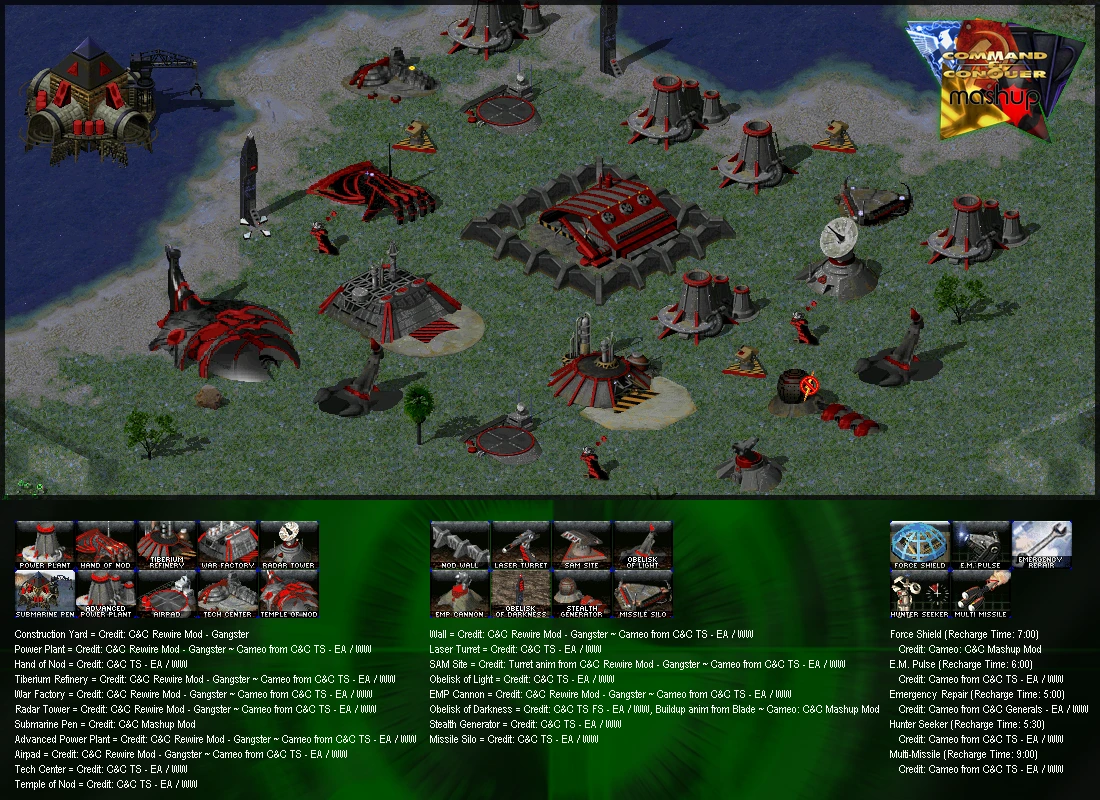 Vista aérea de base de la facción Nod con varios edificios en el mod C&C Mashup de Command & Conquer Yuri's Revenge